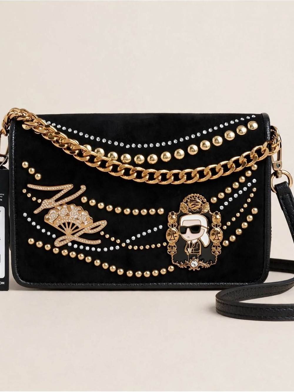Karl Lagerfeld Black Suede Crossbody with Gold Studs & Crystal Logo